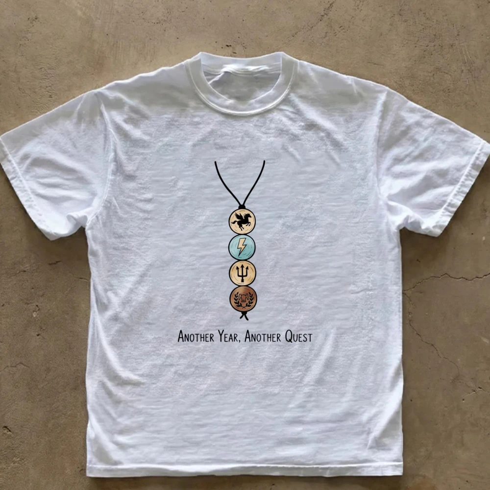 Another Year Another Quest Beaded Necklace Graphic T‑Shirt Casual Cotton Tees Percy Jackson Greek Myth Symbol Pendant Art Tops