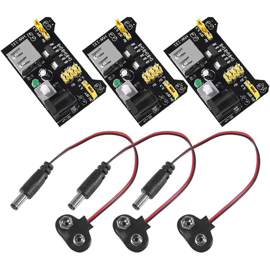 3sets 3.3V 5V MB102 Solderless Breadboard Power Supply Module with 9V Battery Clip Power Cable 2.1x 5.5mm Male DC Jack Plug