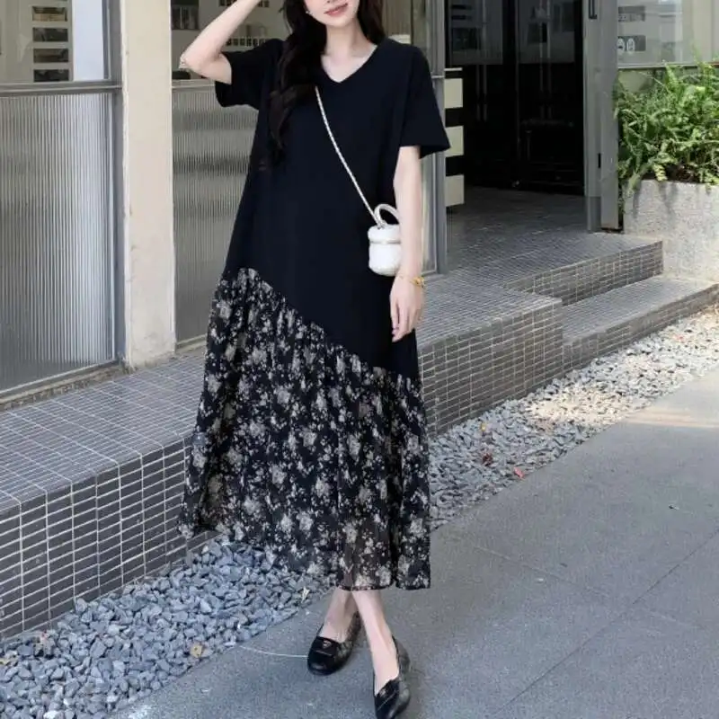Summer Tide New V-neck Splicing Print Floral Black Women Dresses Temperament Chic Beautiful Short Sleeve Dress