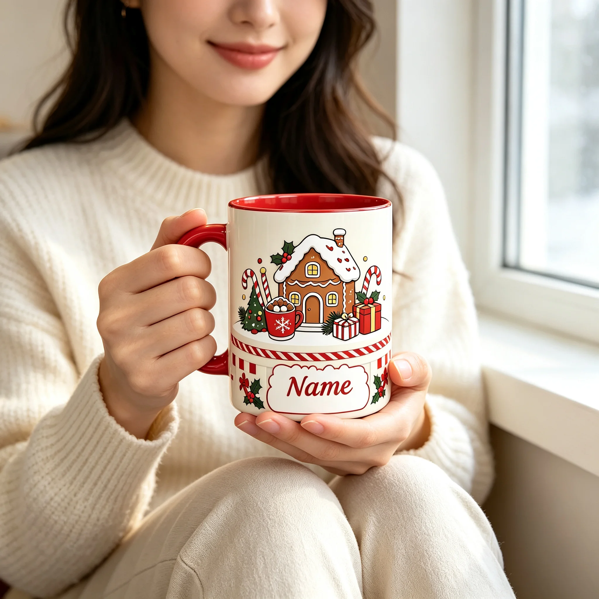 Custom Name Christmas Coffee Mug Gingerbread House Candy Cane Print Red Handle Ceramic Tea Cup Personalized Festive Cup