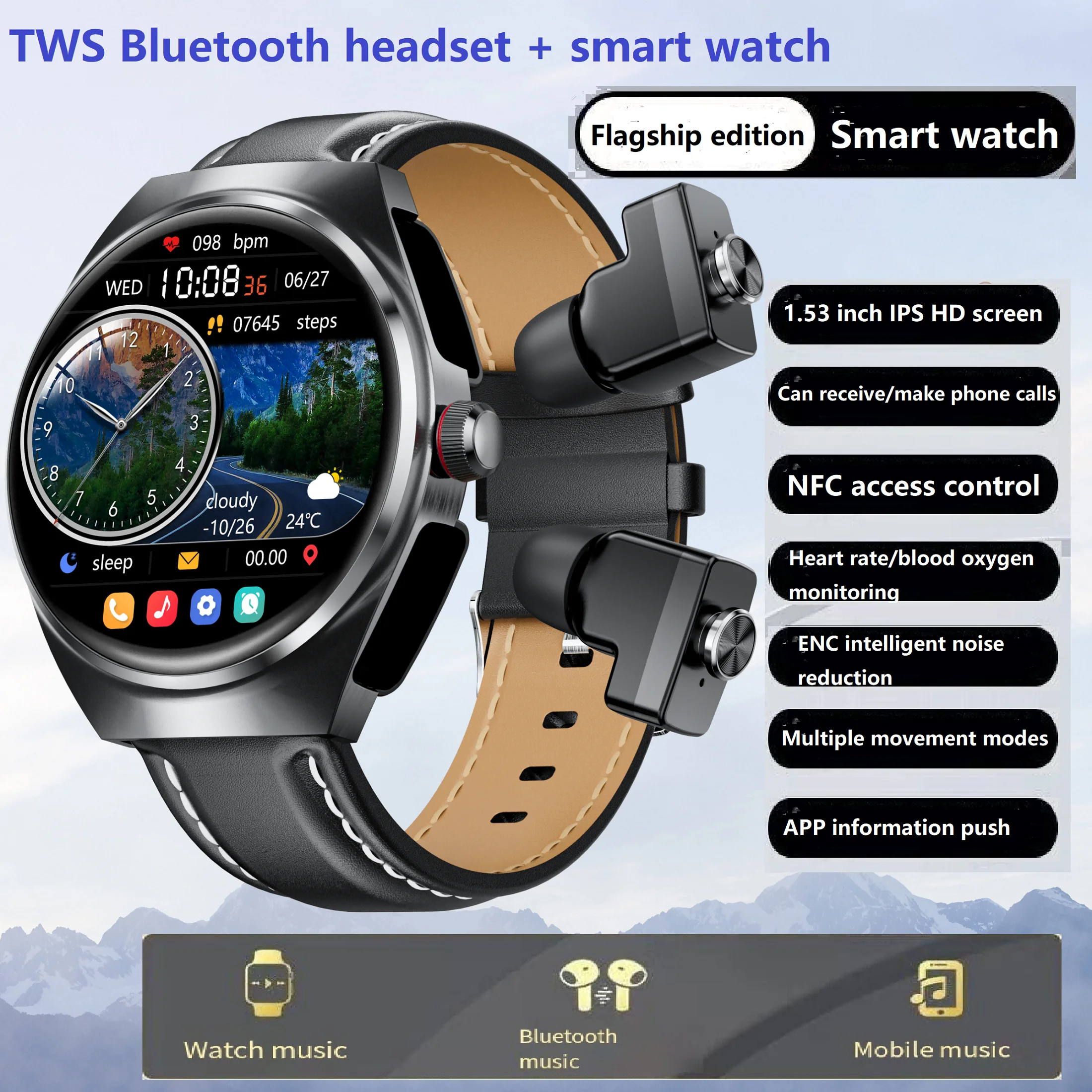 

Smart watch 2024 Bluetooth Call Health data monitor Music Playback Activity tracker NFC Sports health Smartwatch With Headphones