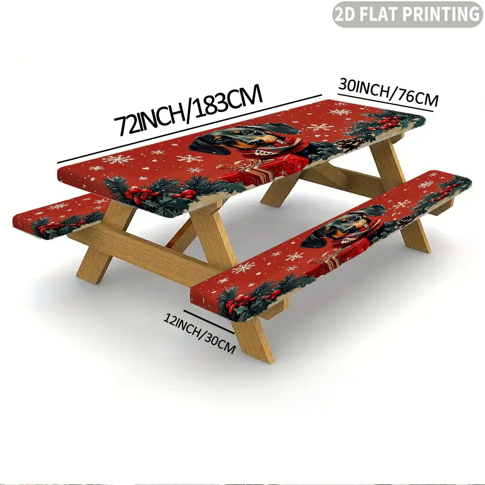 3pcs 2D FLAT Printing 1 Tablecover +2 Bench Covers, Snowflakes And Dog Portrait Print, Elastic Band Edge Dining Tablecloth