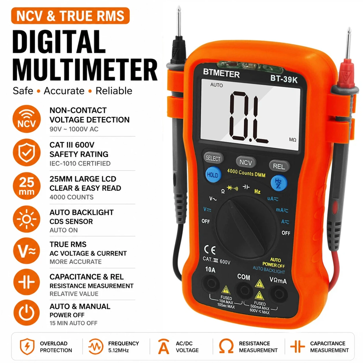 Pro Digital Multimeter 4000 Counts True RMS NCV CAT III 600V Capacitance Frequency Tester for HVAC Automotive Electrical
