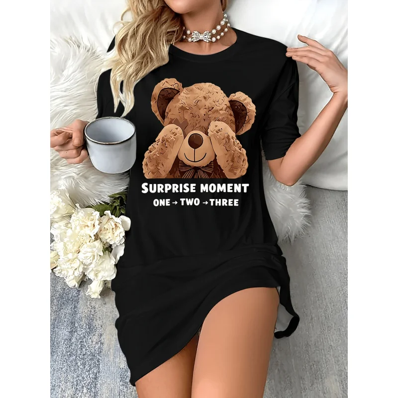 

Summer cartoon funny bear print women's short-sleeve round neck shirtTNightgown -Casual pajama dress