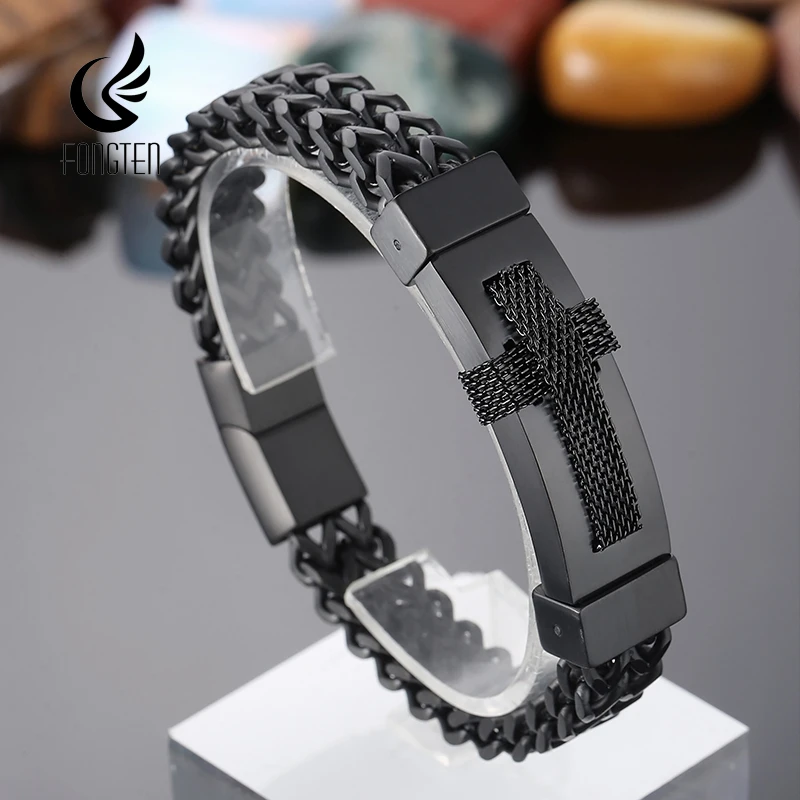 

Fongten 22cm Cross Mesh Chain Bracelet For Men Square Wrist Band Men's Bangle Bracelets Multiple Color Jewelry