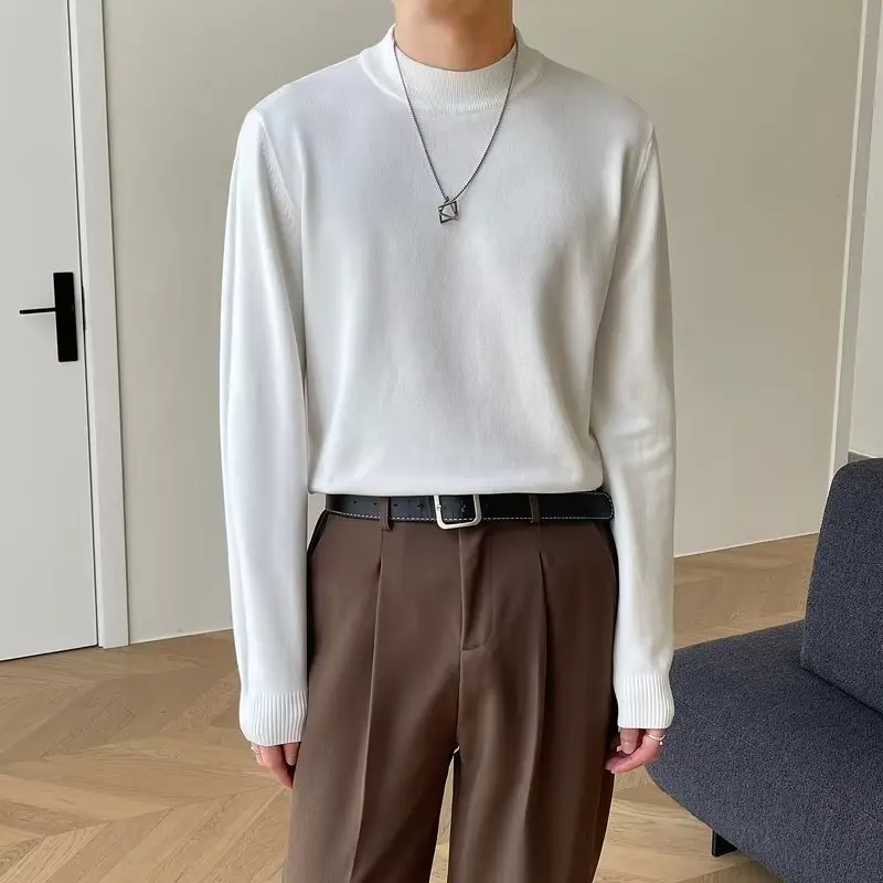 Autumn Winter White Mock Neck Solid Knit Sweater Men's Casual Base Layer Top