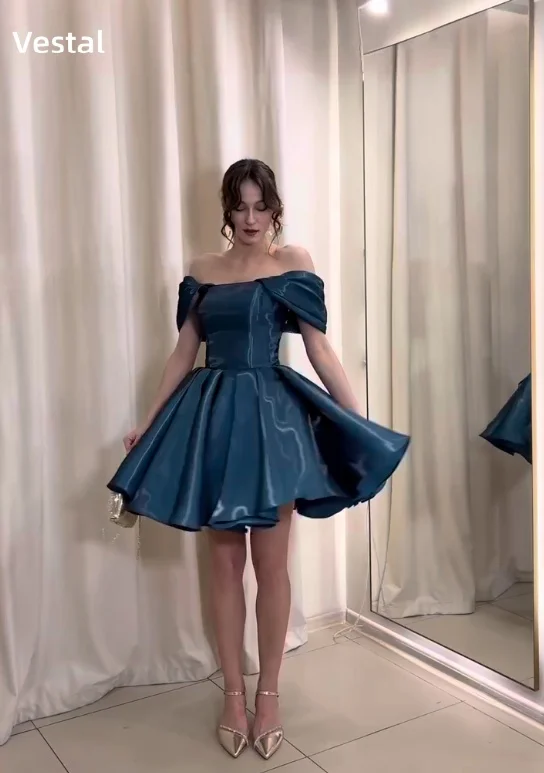 

Shiny Blue Off The Shoulder A Line Prom Dress Short Cocktail Party Evening Dress Birthday Vestidos De Gala Customized