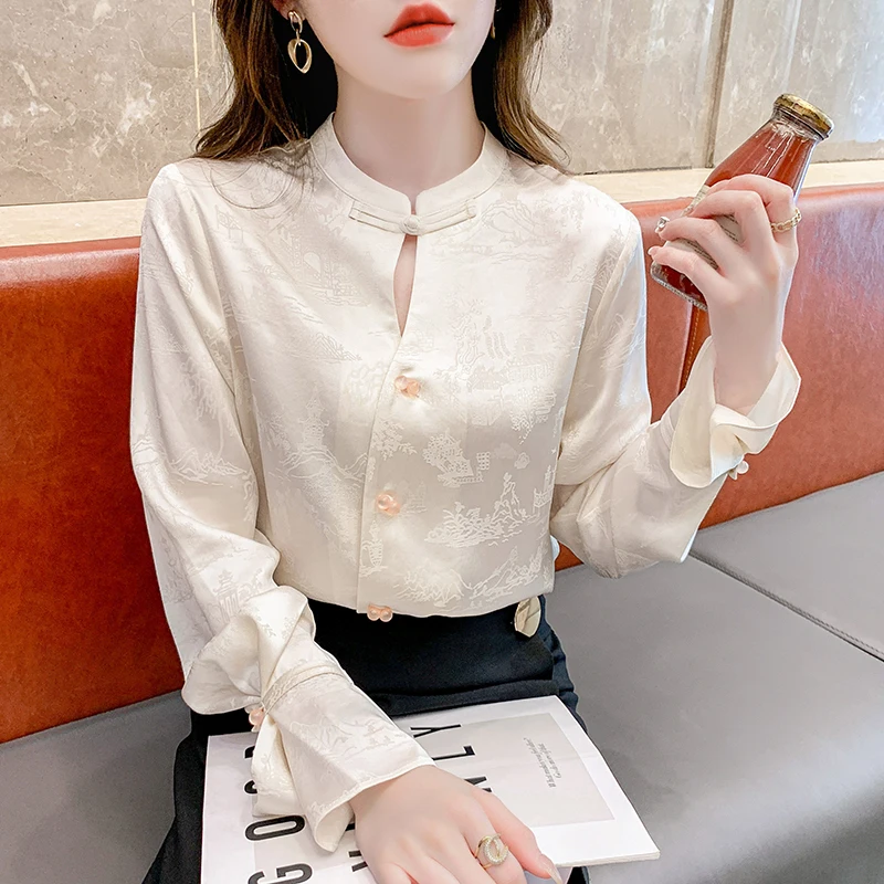 QOERLIN Chinese New Style Acetate Satin Shirts Women Spring Fall Quality Disc Button Jacquard Top Blouse Flare Long Sleeve Shirt