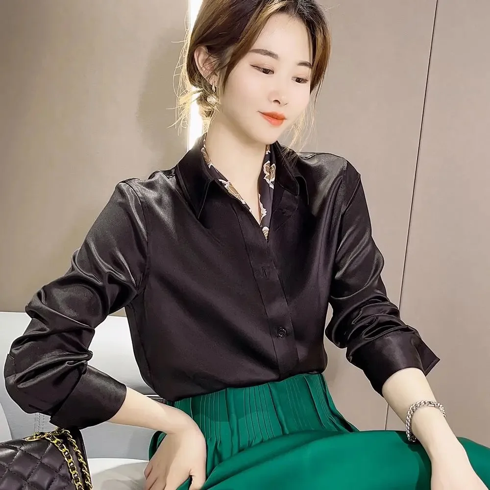 5 Colors Solid Color Elegant Office Lady's Satin Shirt Trendy Women Shirts And Blouses Basic Chic Top Autumn French Chic Shirt