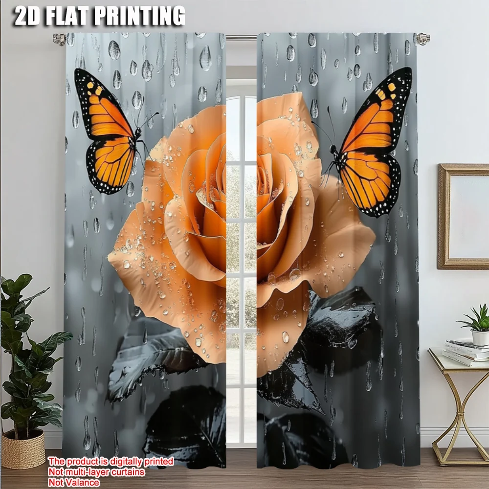 

2pcs, Curtains Digital Printed 2D print Rose & Butterfly Polyester Easy Install (without rod) Room Decor for Living Room &