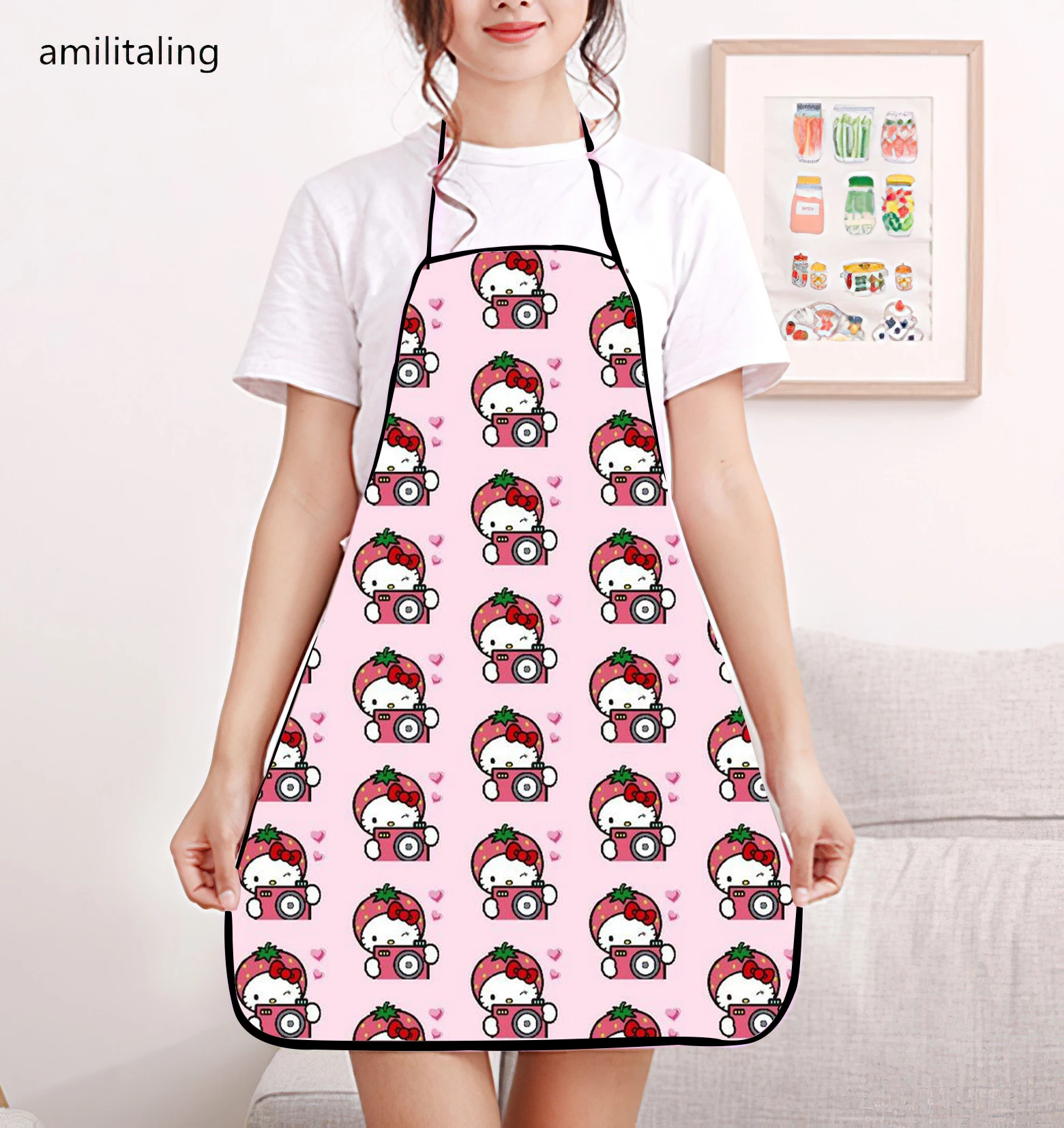 Disney Stitch Cute Cartoon Print Bib Apron - Adjustable One Size Design, Waterproof and Durable Polyester Material