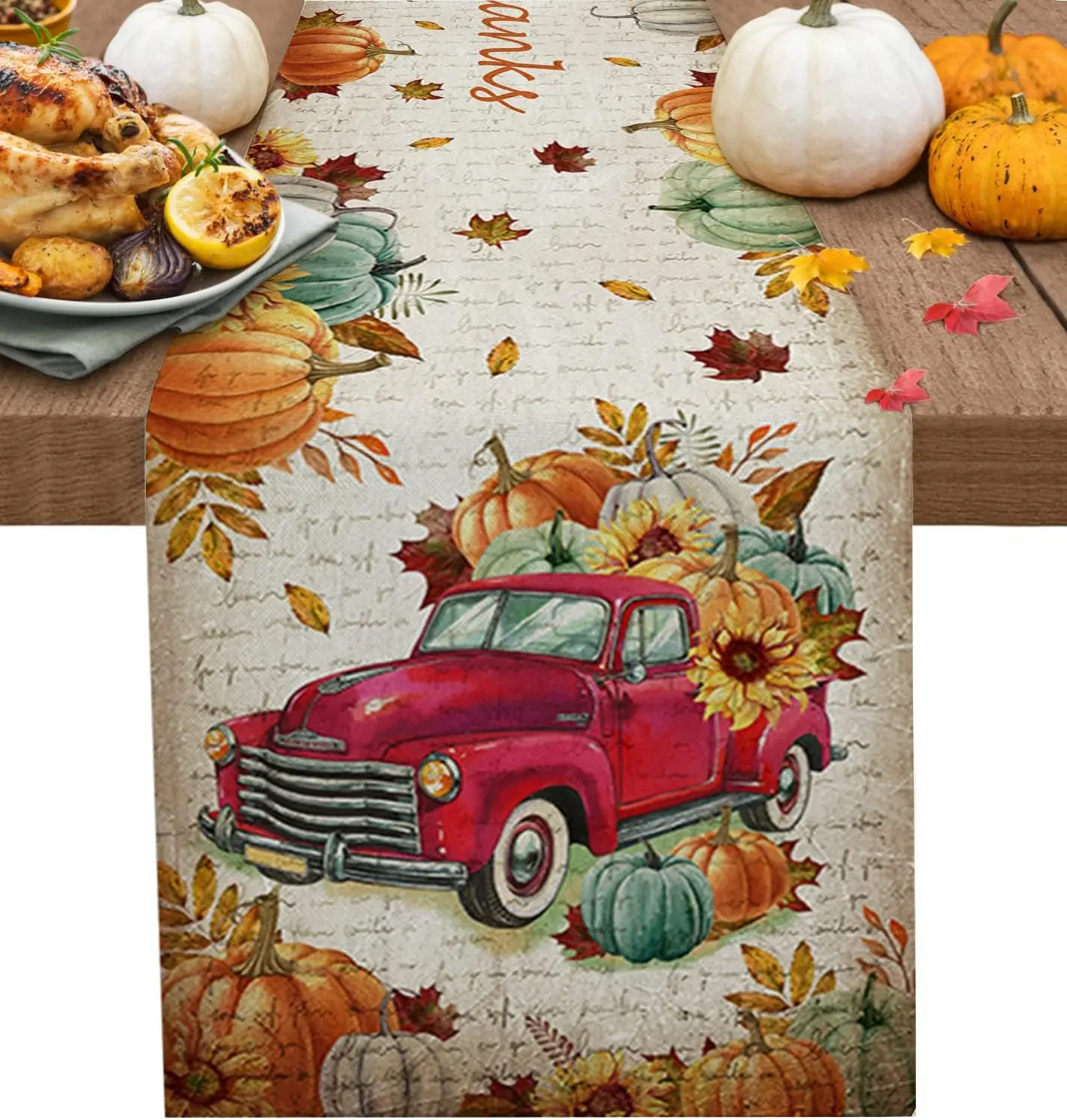 Thanksgiving Car with Pumpkin Sunflower Heat Insulation Linen Table Runners Wedding Decor Washable Kitchen Dining Table Runners