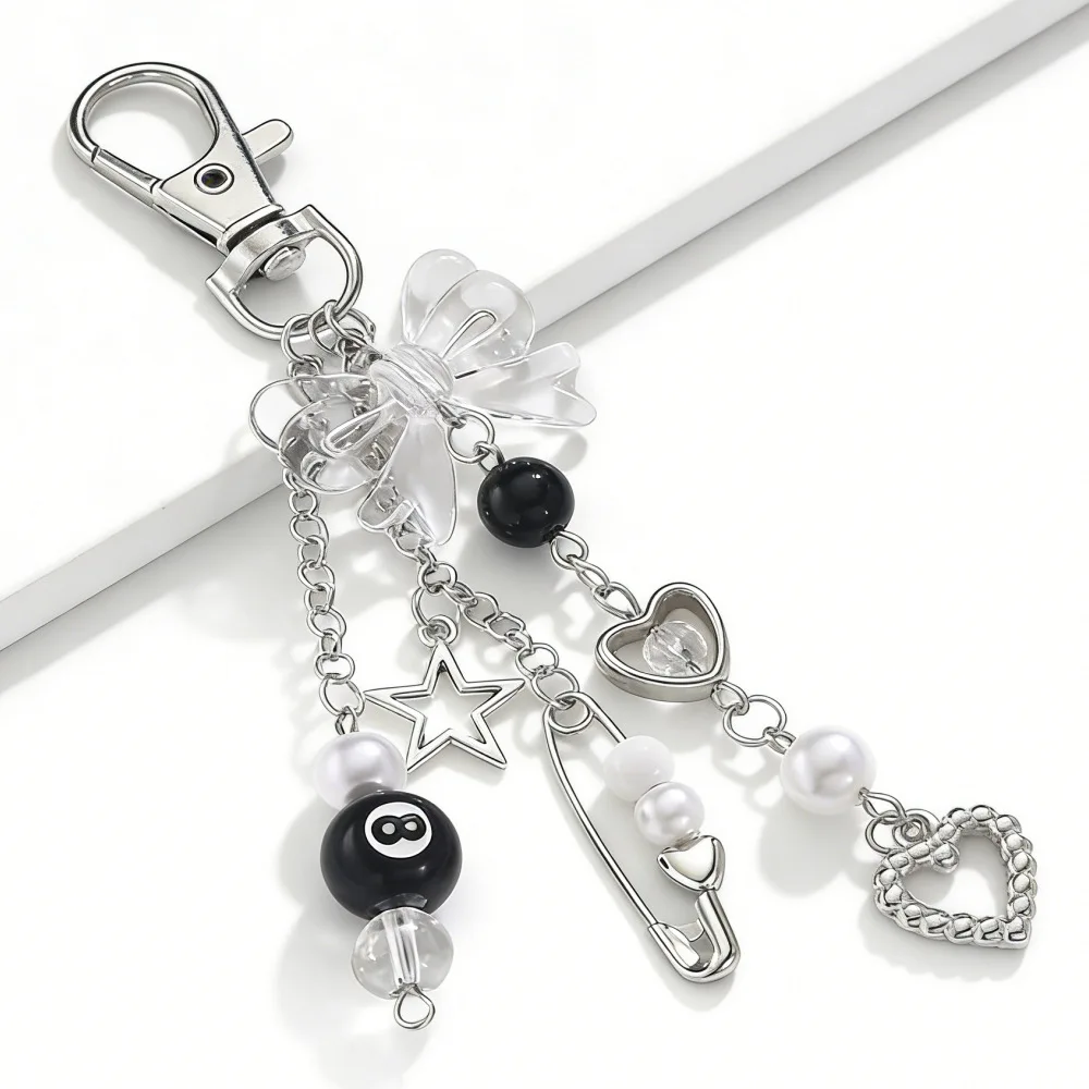 New Sweet and Spicy Y2K Phone Charm Bow Heart Star Keychain Metal Bracelet Beaded Keychain Black 8 Phone Chain Bag image 3