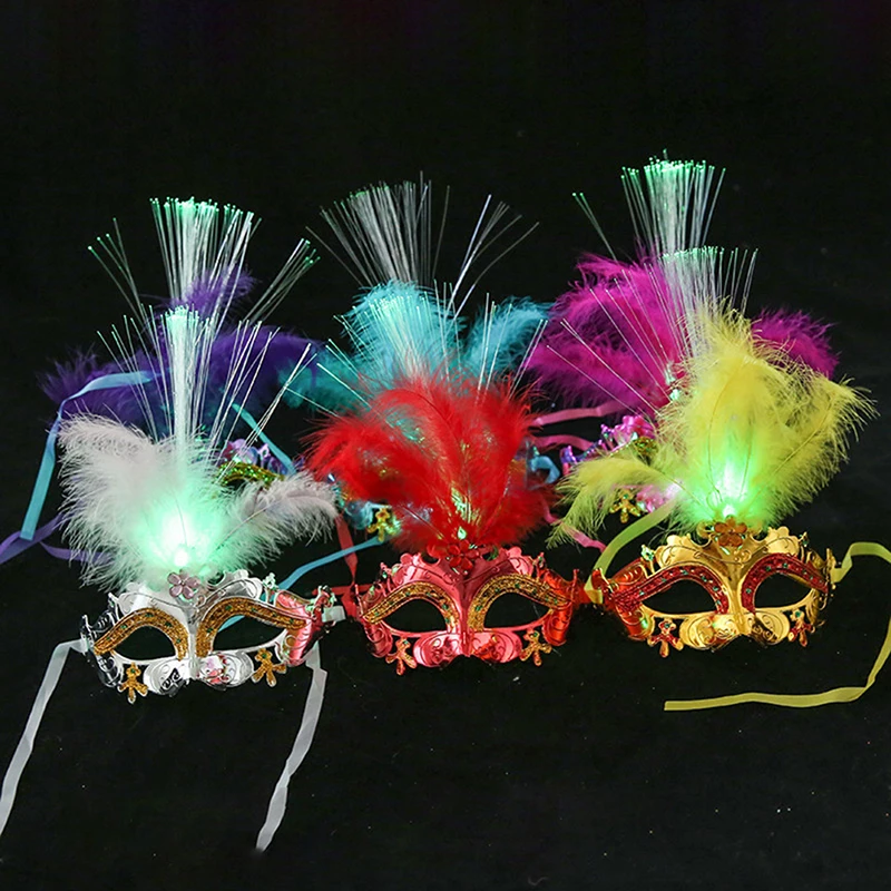 Multi Color Halloween LED feather Mask fiber optic prom party princess feather mask decoration supplies glow light mask