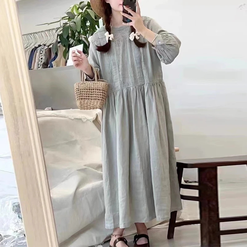 Johnature Fall 2024 New Women Japanese Linen Lace Dress Loose Long Sleeve Hollow Out Vintage Casual Dresses