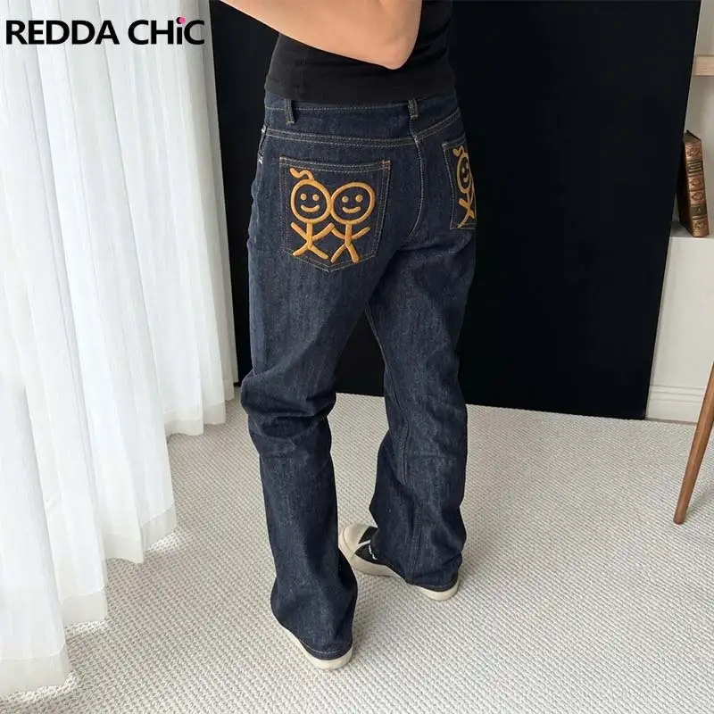 REDDACHiC Stick-Figure Doodle Baggy Jeans Women Cutecore Color Block Low Rise Cleanfit Straight Denim Pants Lounge Streetwear