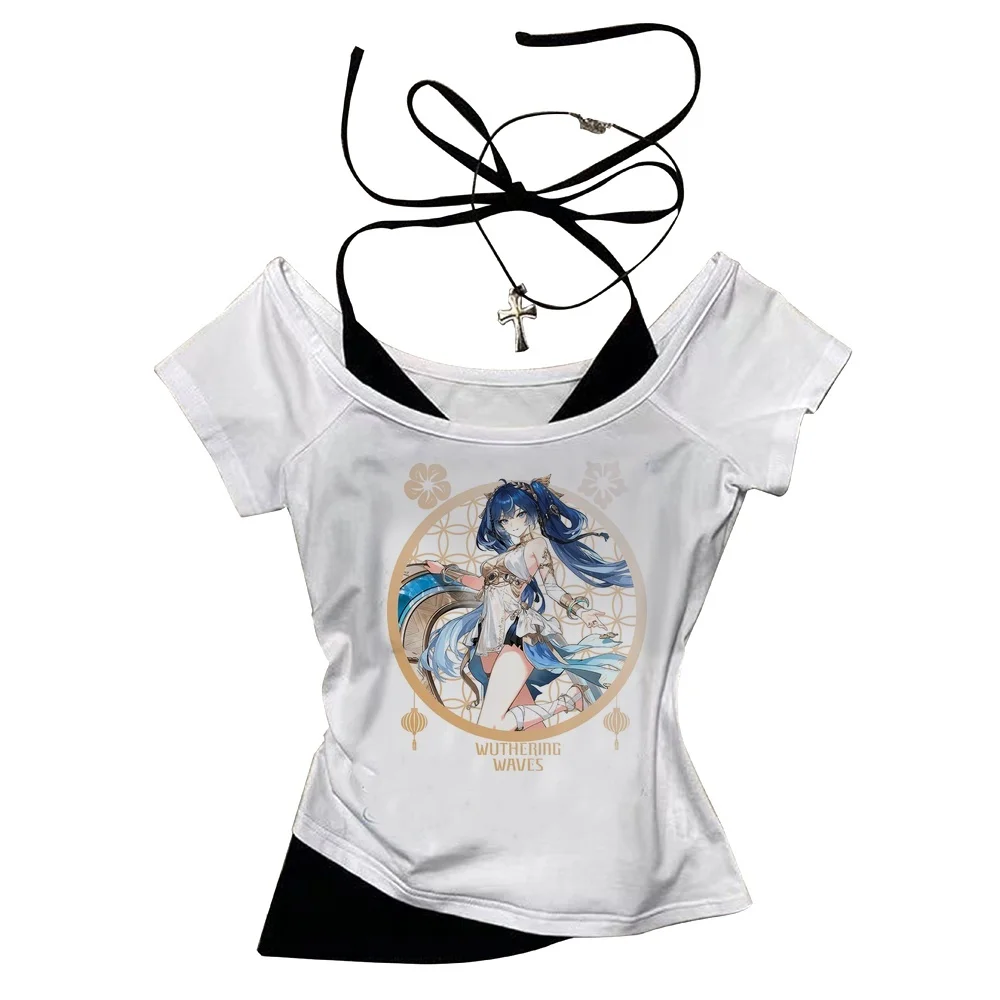 Wuthering Waves cropped top girl cutecore baddie summer graphic cheap t-shirt jojifuku manga kawaii meme