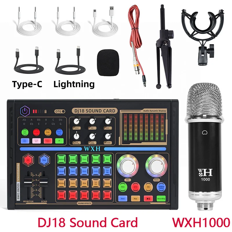 Noise Reduction WXH1000 Microphone DJ18 Sound Card Studio Mixer Singing Voice Live Streaming Exclusive Set Phone Computer Record