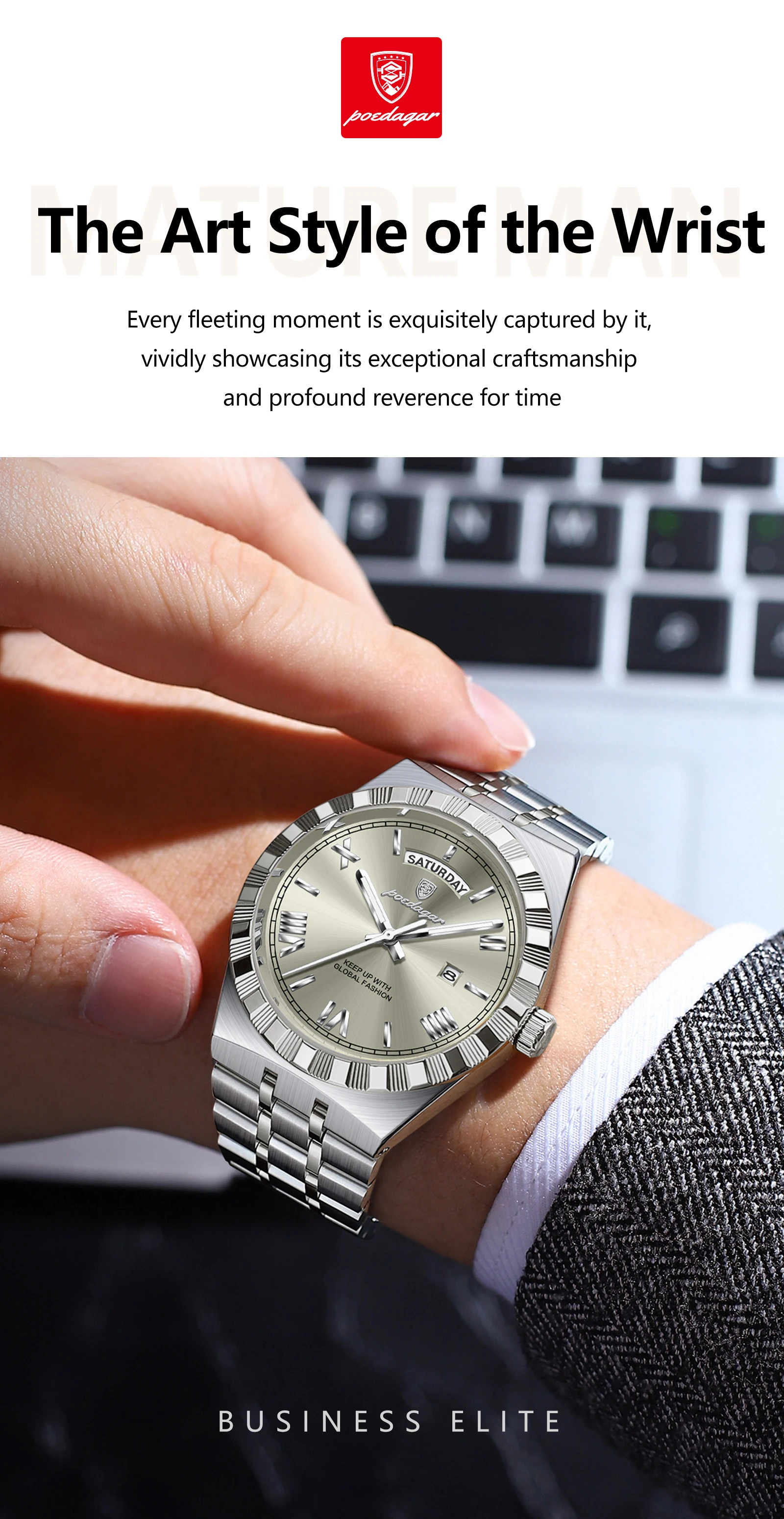 POEDAGAR Luxus Business Mann Uhr Woche Datum Wasserdicht Leuchtende Uhren Für Männer Edelstahl Quarz Mode männer Armbanduhr – Detail 7