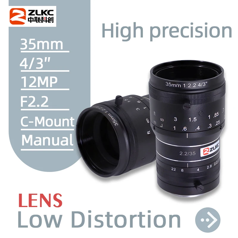 ZLKC Industrial Camera 4/3'' CMOS Sensors 35mm C-Mount Lens 12MP no Distortion Prime Lens F2.2 High Precision Camera lenses