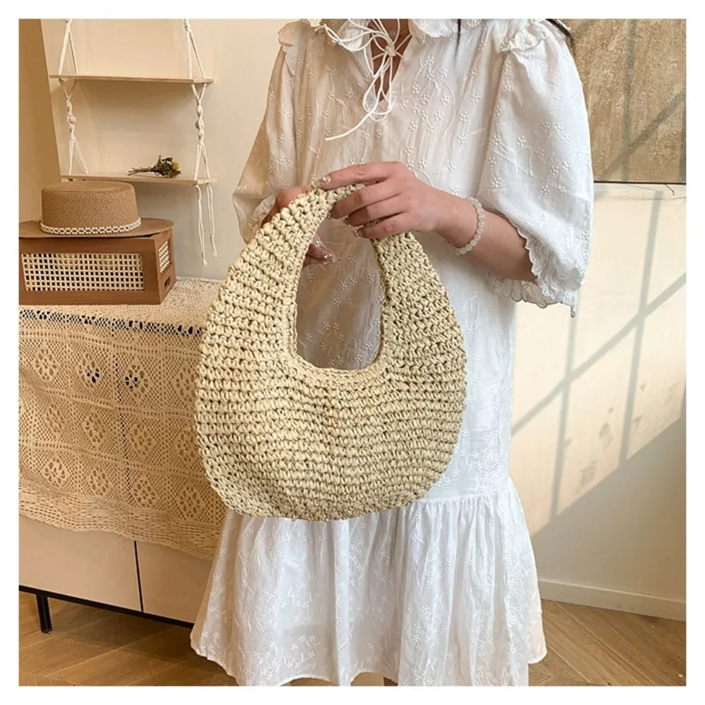 

Leisure Large Capacity Lafite Straw Bag Clutch Purse Handmade Weave Tote Bag Half Moon Wrist Circle Summer Beach Handbag Women