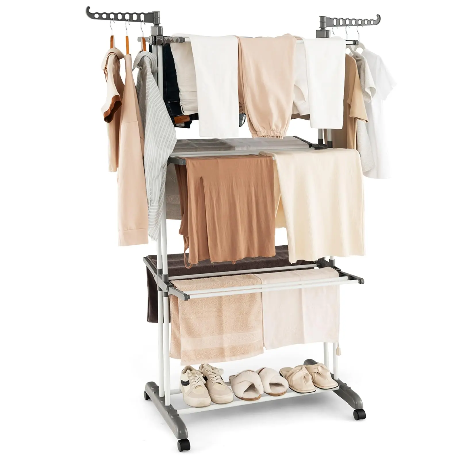 

4-Tier Collapsible Clothes Drying Rack With Rotatable Wings And Foldable Shelves Freestanding Garment Dryer With Casters