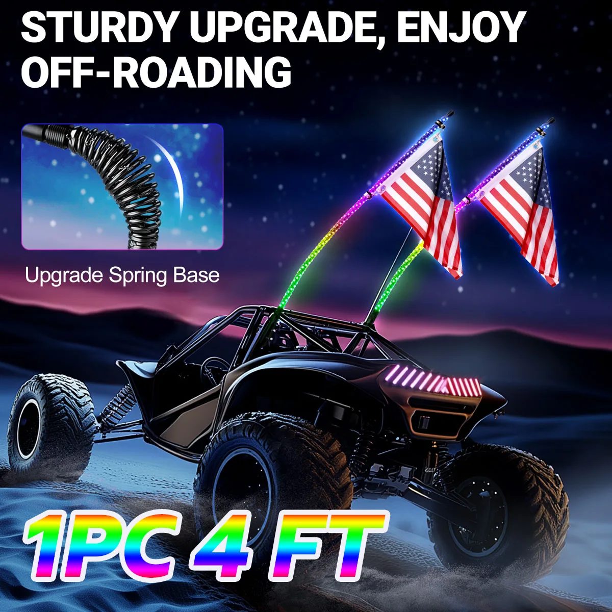 4ft Led Whip Lights bluetooth App Control RGB Lighting US Flag & Remote Spiral LED Light Multi Lighting Modes for ATV UTV Truck