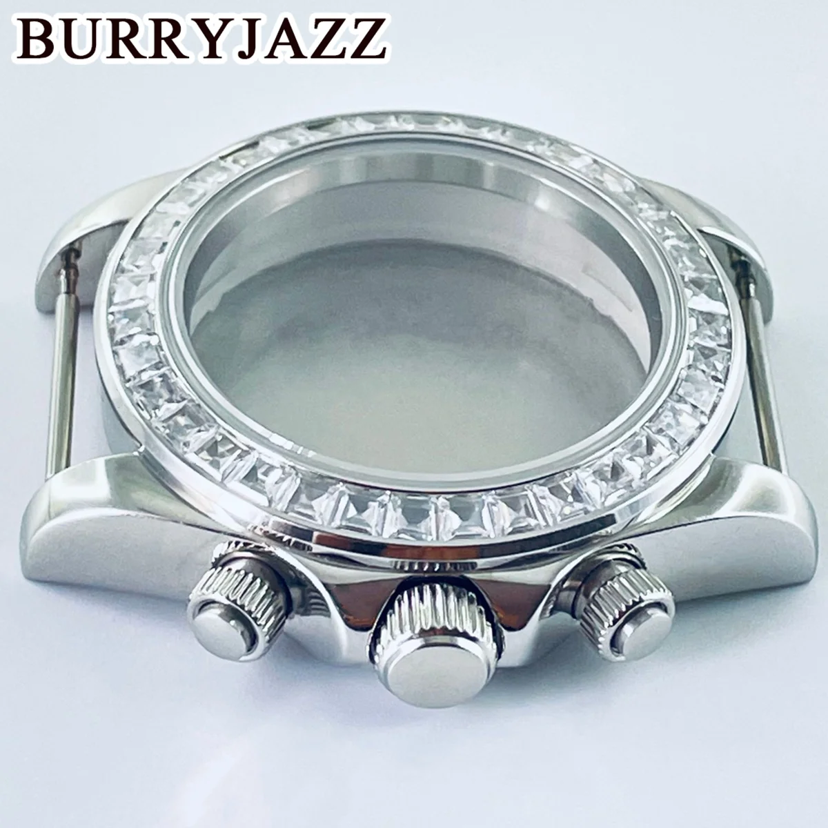 BURRYJAZZ 40mm apto para VK63 VK63A movimiento de cuarzo plata diamante cerámica bisel de acero cristal de zafiro accesorios de caja de reloj