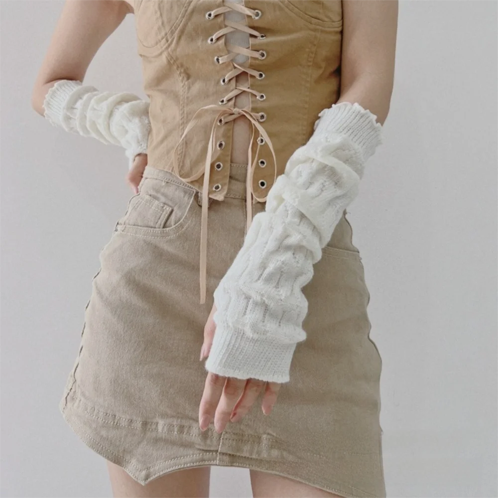 

New Long Arm Warmer Gloves Knitted Solid Color Warm Arm Sleeve Cold Proof Fingerless Gloves Women