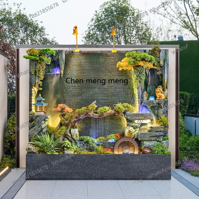 Water curtain wall, flowing water wall, waterfall landscaping, circulating water, tank entrance opening, lucky feng shui wheel