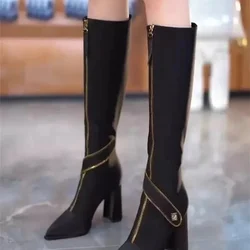 Czarne buty damskie 2024 New Winter Belt Buckle Thin Pointed Thick Heel Boots Botas De Mujer Thigh High White Boots