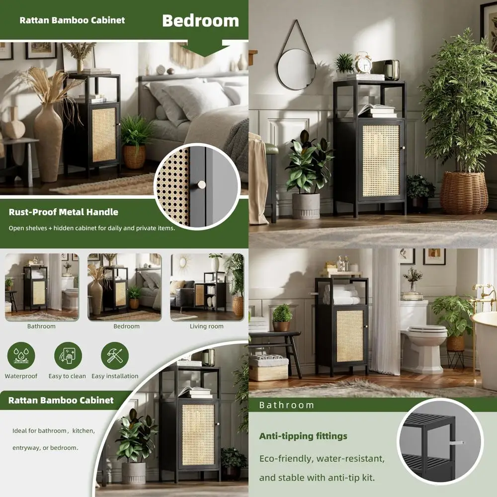 

Compact Bamboo Rattan Cabinet for Bathroom Storage, 1 Door & Shelf, Space-Saving Wood Kitchen Rack, Multi-Room Side Table Stand