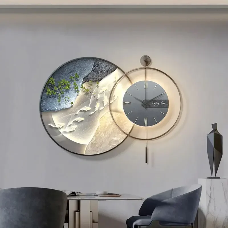 Modern Luxury Restaurant Decoration Simplicity Living Room Nine Fish Chart Clock