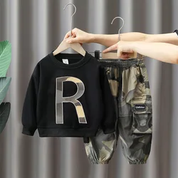 Autumn Kid Boy Clothes Set Letter Sweatshirts Pullover Top and Cargo Pants 2pcs Suit Children Girls Fashion Camouflage Tracksuit