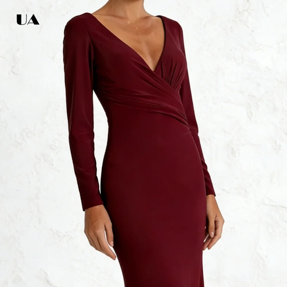 ULBYANRY ストレートプロムドレス 長袖 ソリッドディープ V ネック イブニングドレス 女性用 エレガント プリーツ カスタマイズされたパーティードレス