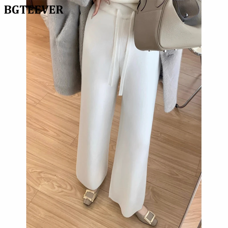 BGTEEVER Stylish Loose Floor-Length Wide Leg Sweater Pants for Women Autumn Winter High Waist Lace-up Female Knitted Trousers