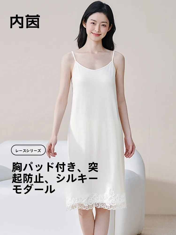 mod-女性用ナイトガウン-胸パッド付き-夏用-新しいアウター-レースストラップ-パジャマ-ホーム服-vネック-ミッドレングス-カジュアル-ホーム