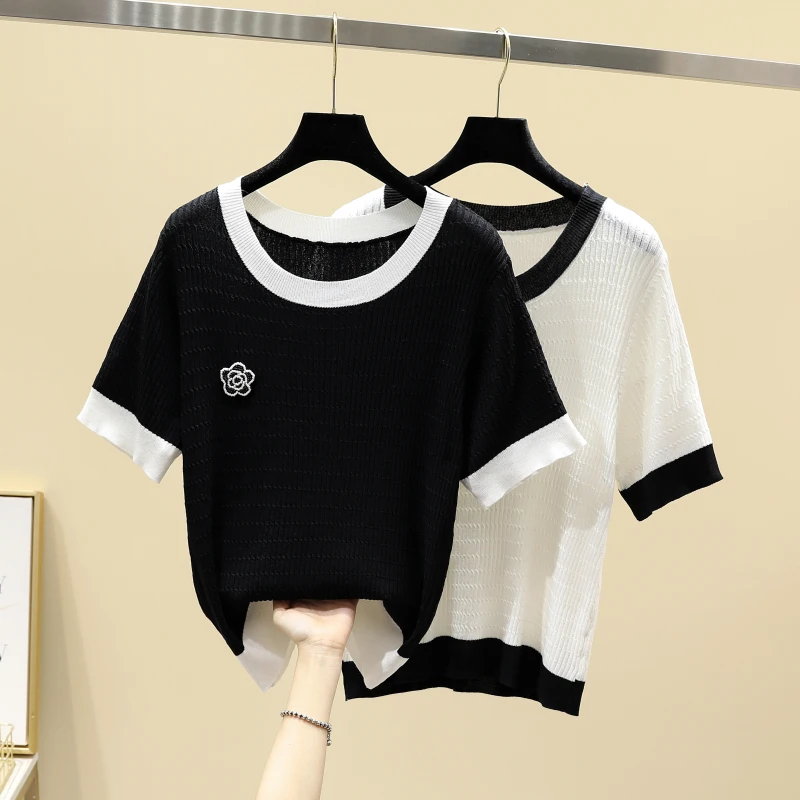 

2022 New Summer Women flower Sweater T-shirt O-Neck Casual Short sleeve Tops Female Knitted Pullover Women Clothing