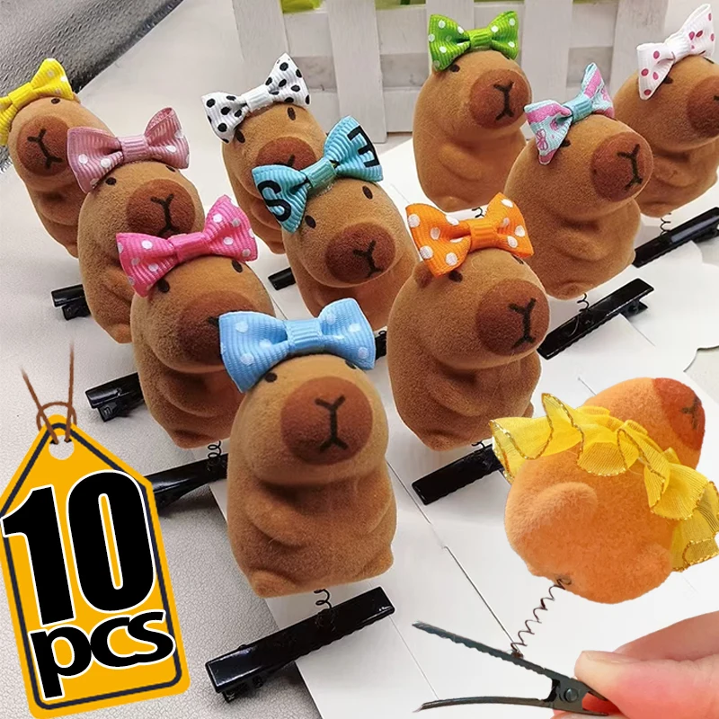 5/10PCS Kawaii Hair Clip Fashion Children Bow 3D Capybara Animal Plush Hairpin Funny Style Duckbill Clips Headdress Gifts