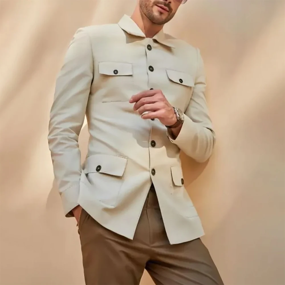 

Safari Men's Suits High Quality Single Breasted Stand Lapel 2 Piece Jacket Pants Full Sets Fashion Slim Fit Male Clothing Blazer