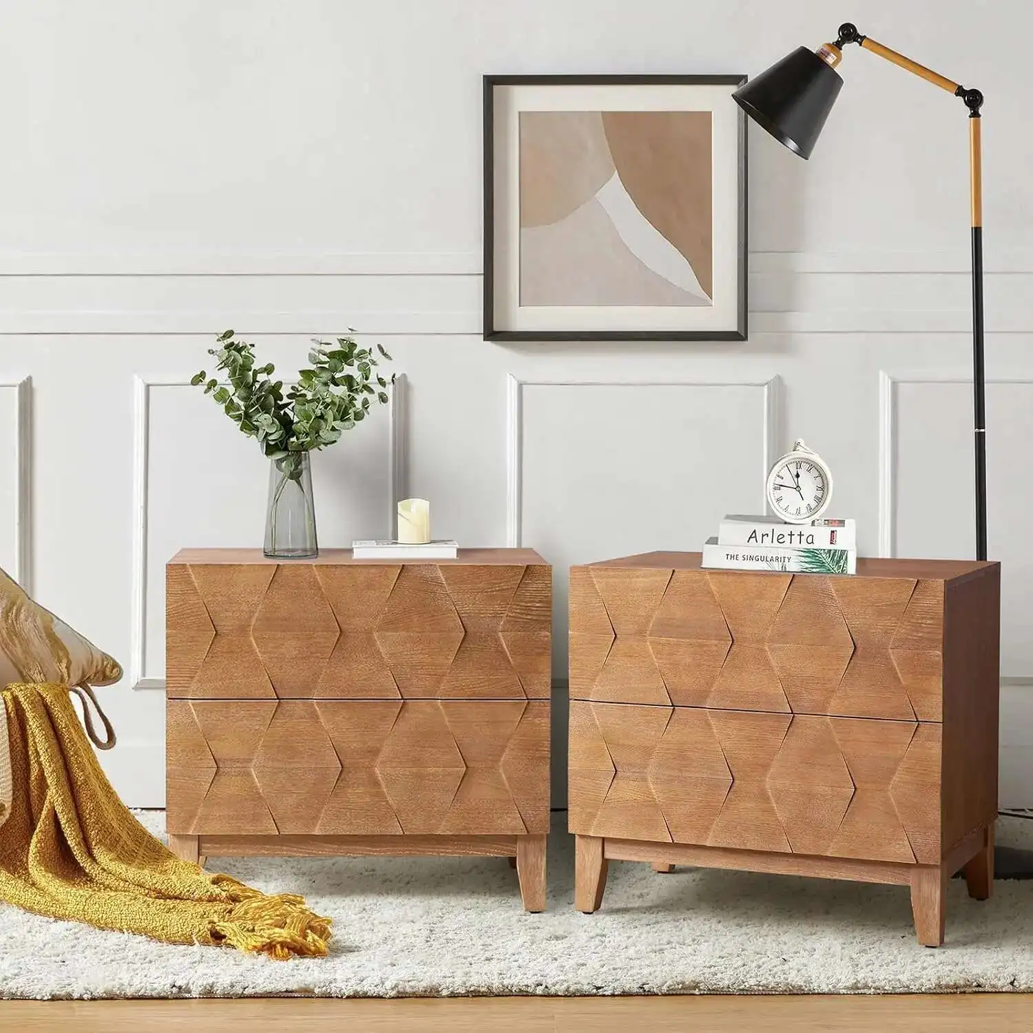 طقم منضدة خشبية مكون من قطعتين مع درجين، طاولة بجانب السرير مقاس 26 بوصة مع مساحة محطة شحن، طاولة نهاية لتخزين المزرعة #1