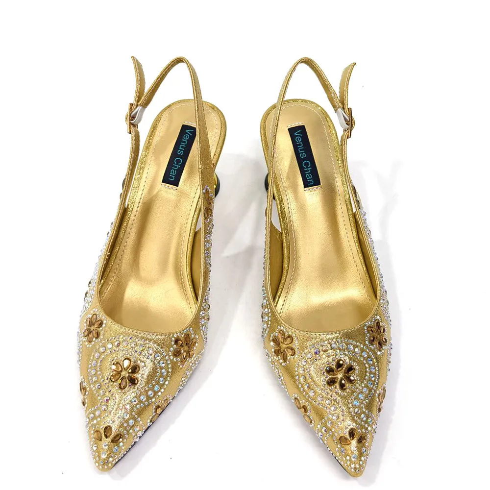 Nigerian Heel Party for Women Shoes and Bag Set Golden Colour Rhinestone Handbag Italian Design Wedding INS Sandals