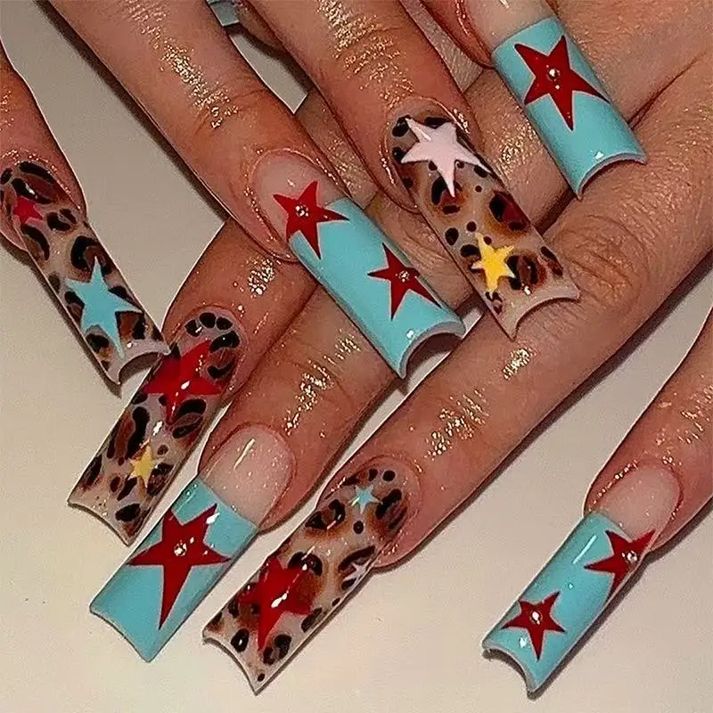 24PCS Long rectangular nail art piece - red star leopard print - detachable and wearable nail art piece - high-end style