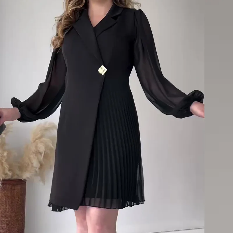 

Women Elegant Dress Full Sleeve Splice Midi Dresses Button Irregular High Waist Solid A Line Office Ladies Casual Spring 2024