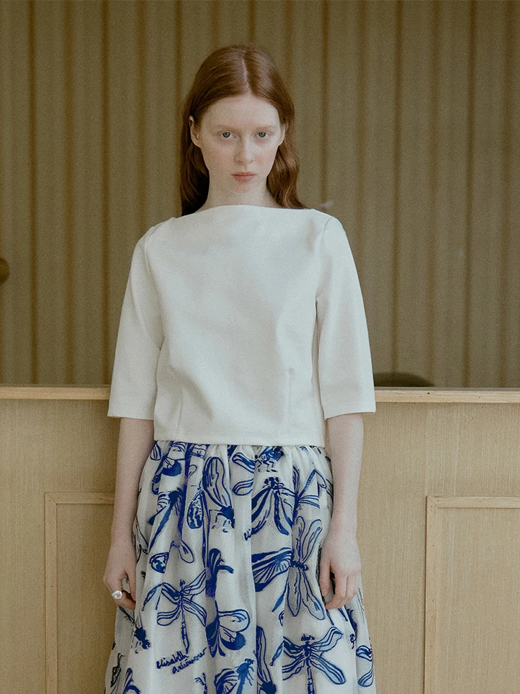 

Xunruo Brand Women's T-irt 2025 Spring Collection Versatile Bla White Vintage Mid-Sve Commute Sle Pure Color