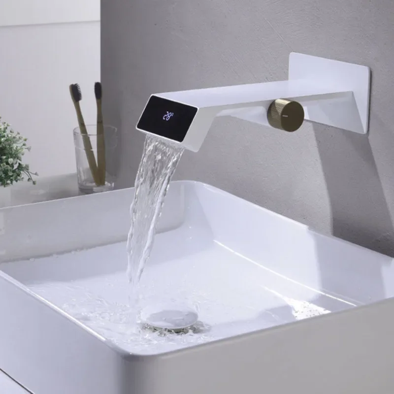 

Intelligent Digital Display LED Basin Hot and Cold Water Mixer Wall Mounted Bathroom Brass Washbasin Vanity Faucet