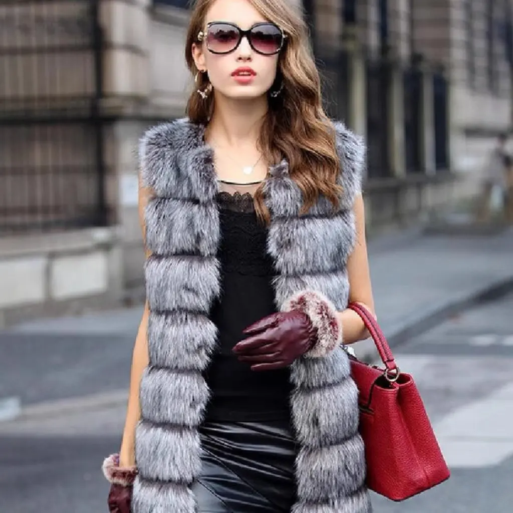 

New Korean Style Women's Long Collarless Imitation Fox Fur Jacket Solid Color Plaid Spliced Commuting Outerwear