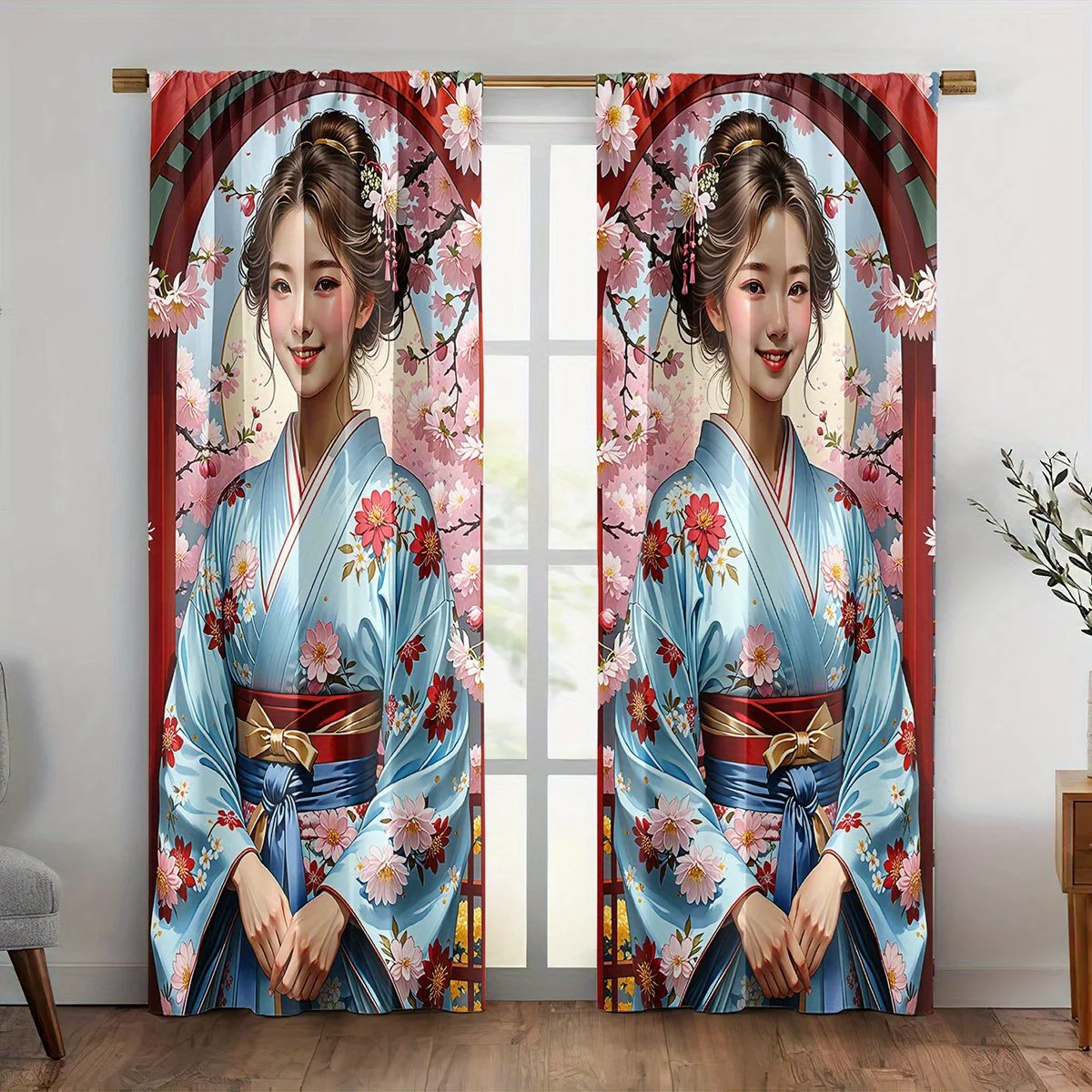 Japanese Girl Curtain, Blue Kimono Geisha Print Drapes, Sakura Floral Window Curtains, Asian Art Home Decor