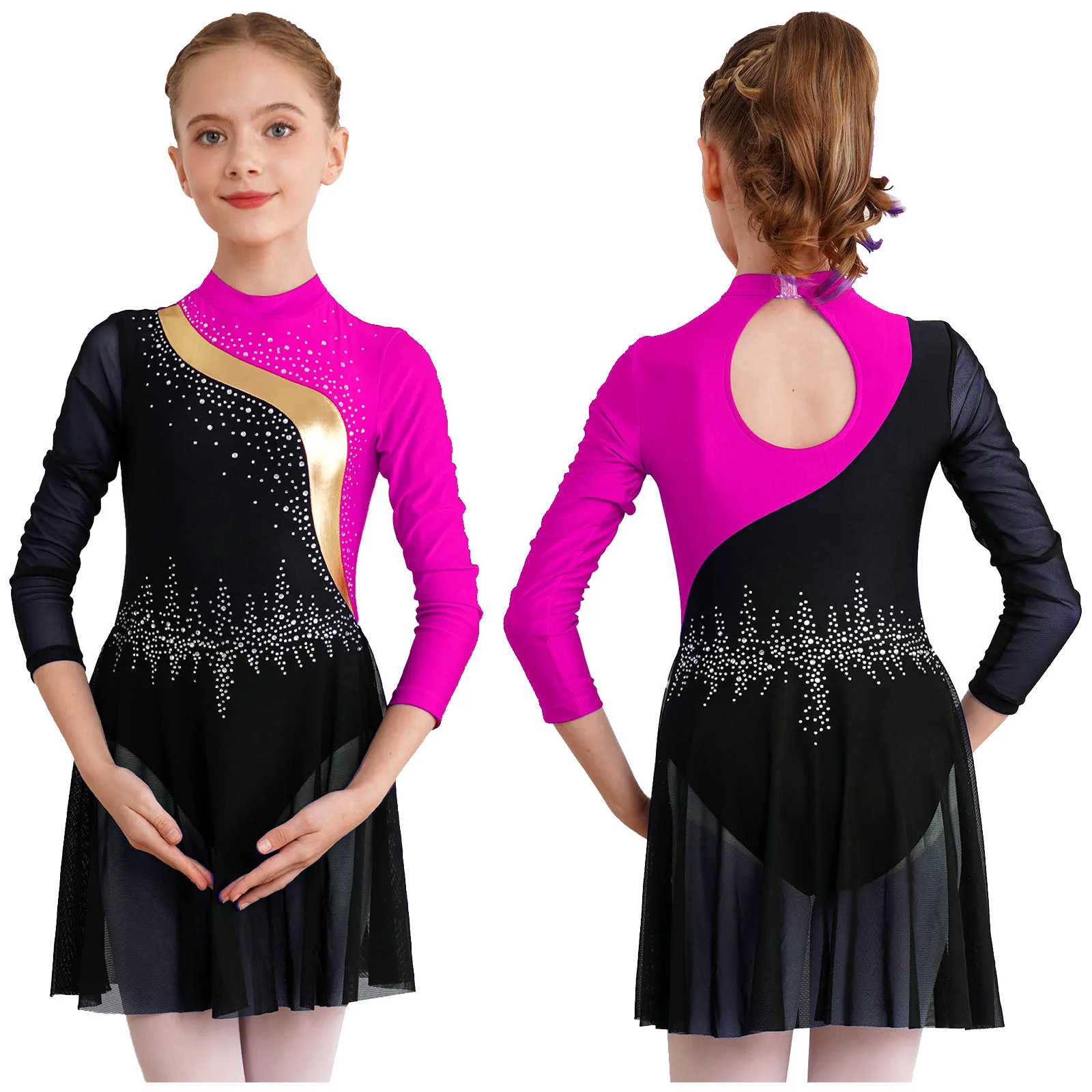 Children Girls Figure Skating Leotard Dress Ballet Lyrical Dance Rhythmic Gymnastics Costume Long Sleeve Rhinestone Mesh Dresses