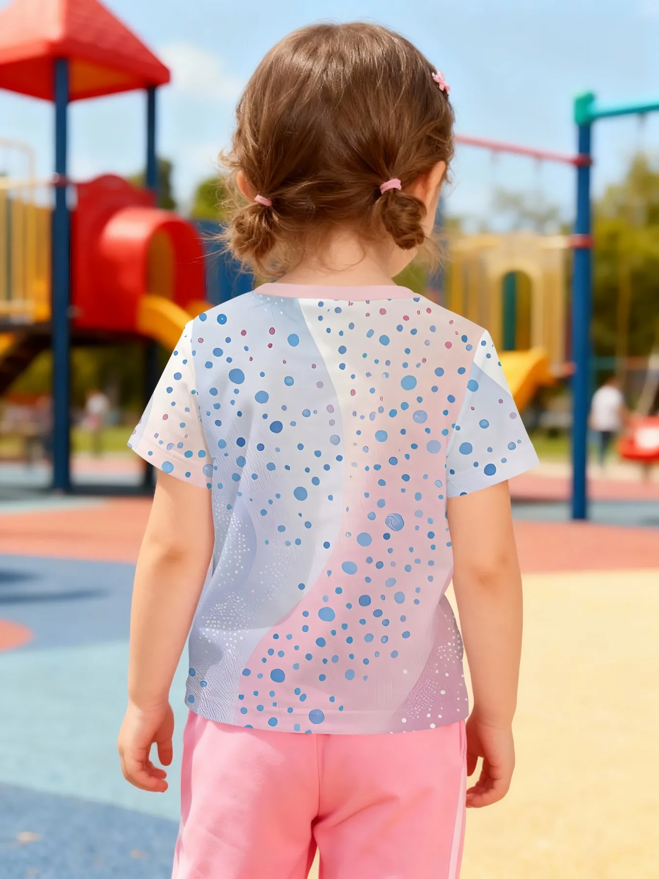 Kids Crew Neck T-Shirt, All Over Printed Blue Pink Water Dots with Stop Bubble Font, Girls Fashion Short Sleeve Tee
